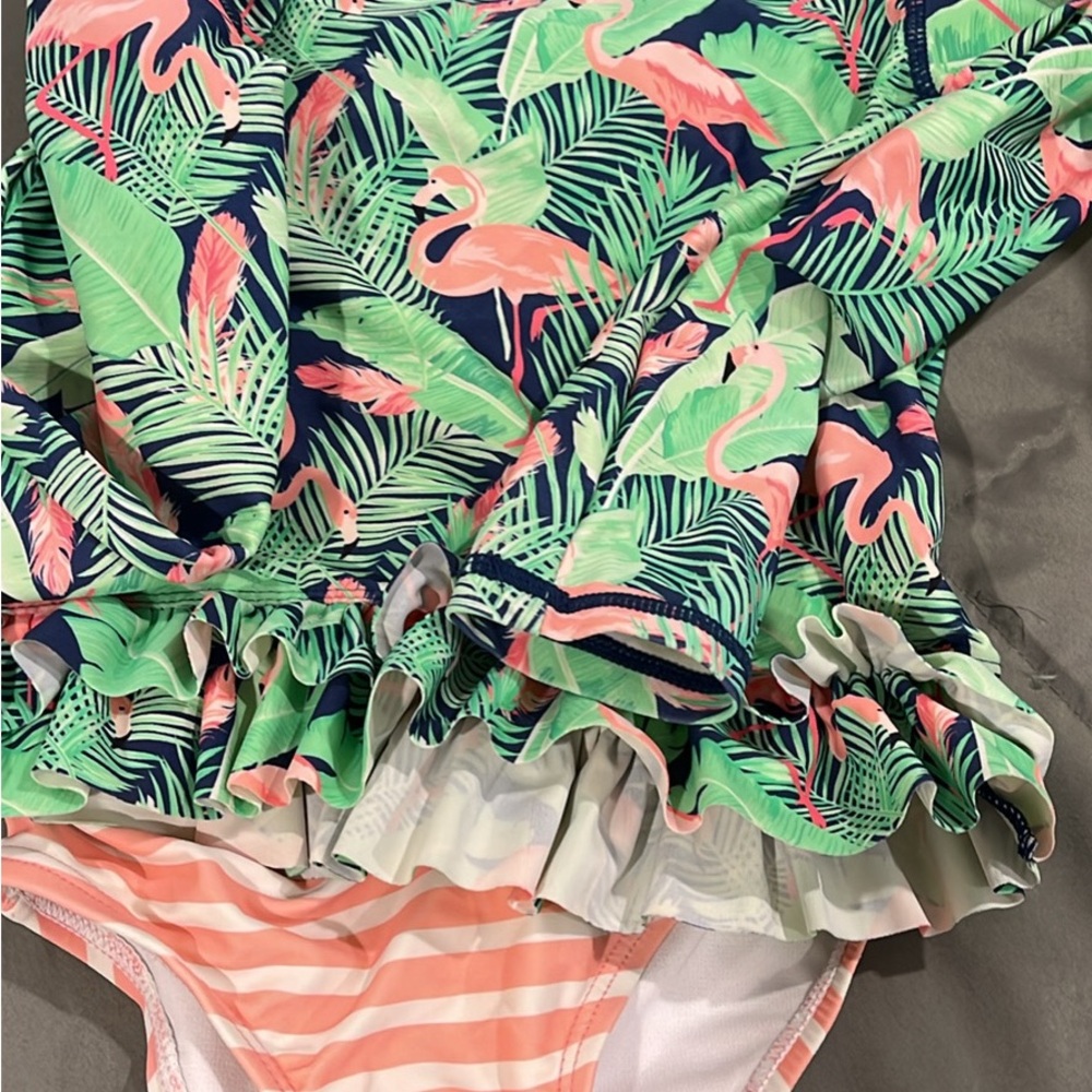 Ruffle Butts Pink and Green Flamingo One Piece
